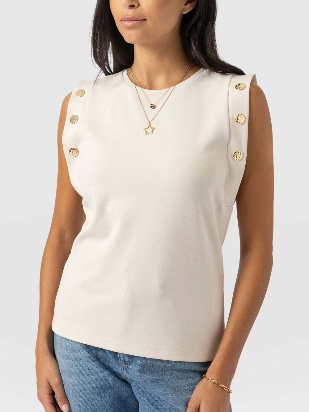 Saint + Sofia Cream Sleeveless Button Detail Top Size XS